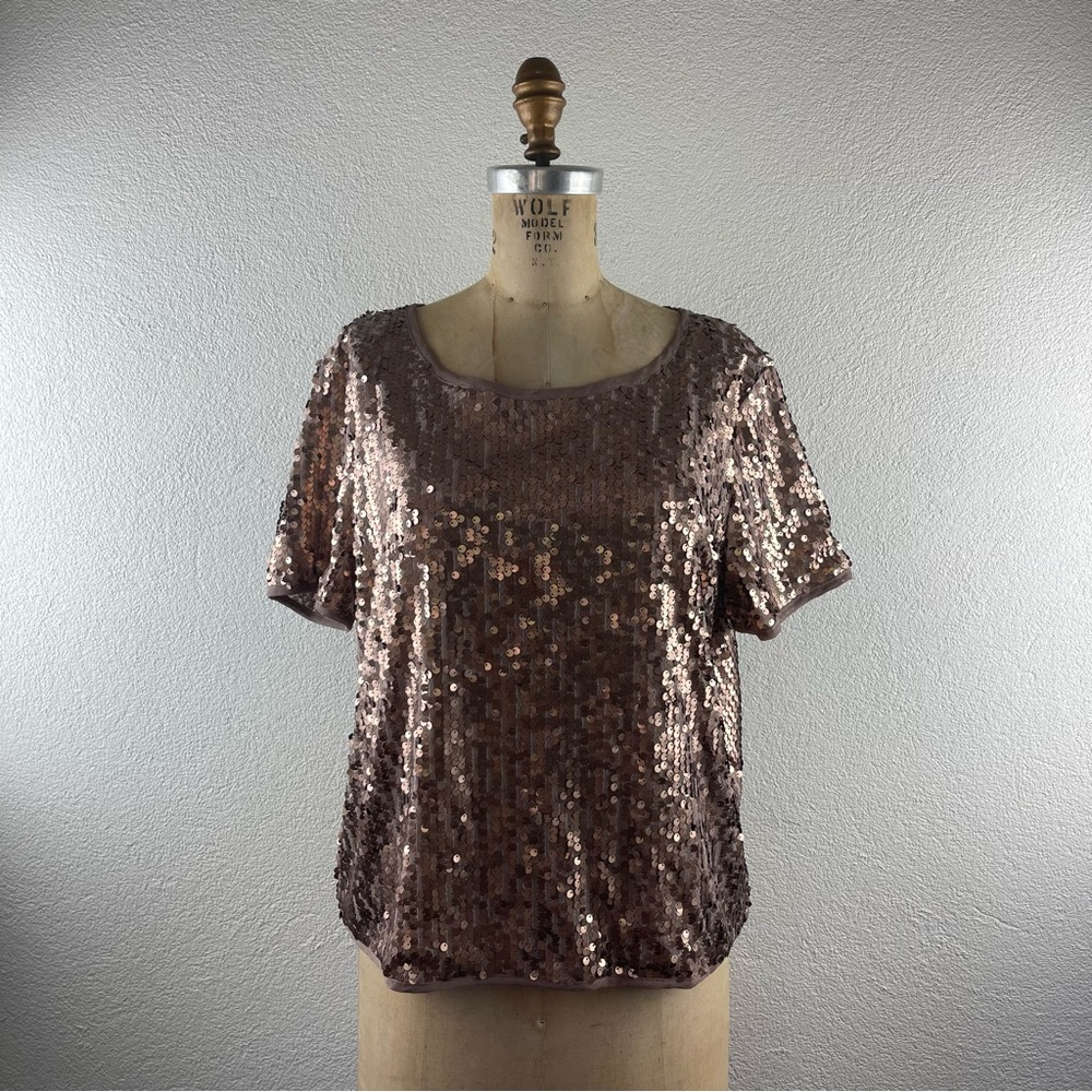Ellison l M Metallic Copper Gold Round Paillette Sequin Blouse Top Wedding Party
